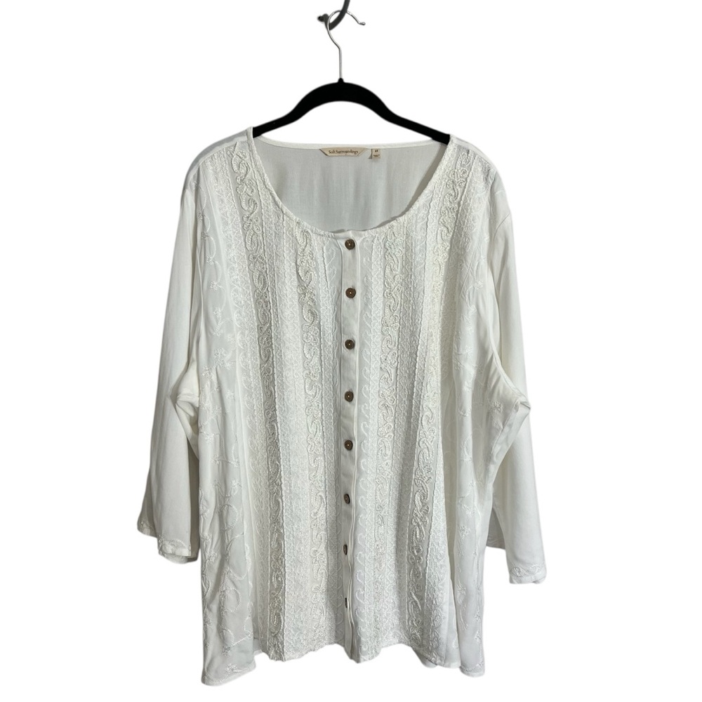 Soft Surroundings white embroidered button tunic top 2x tie back boho romantic - Picture 2 of 15